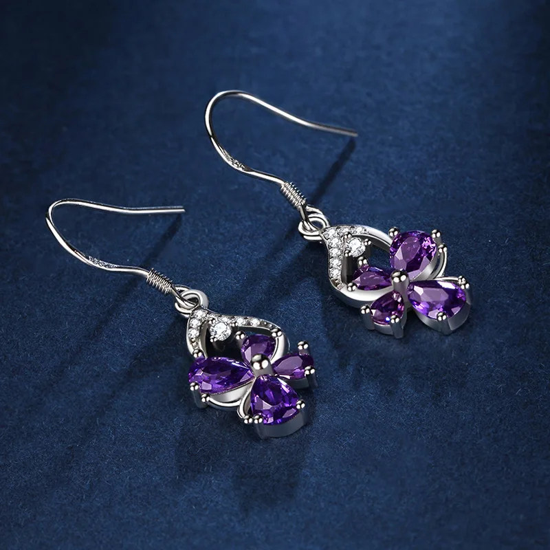 HuiSept Fashion Silver 925 Earrings Jewelry Butterfly Shape Amethyst Zircon Gemstones Ornaments Drop Earrings for Women Wedding