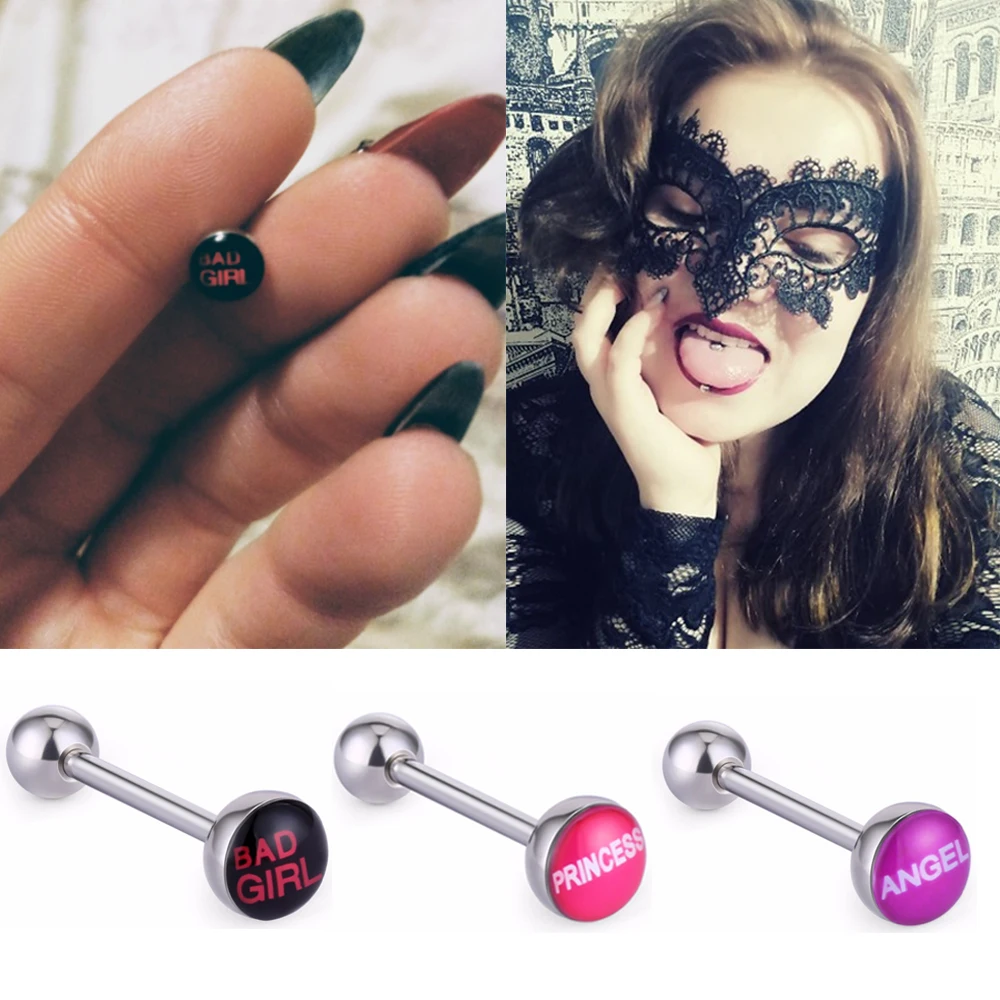 12pcs Random Types Letter Logo Sexy Tongue Rings Stainless Steel Smooth Tongue Barbell Piercing Rings for Nightclub Body Jewelry