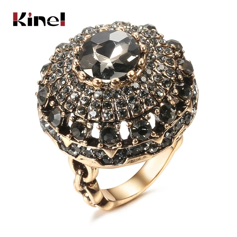 Kinel Ethnic Bridal Wedding Ring Antique Gold Color Vintage Look Full Gray Crystal Ball Ring For Women Party Boho Jewelry Gift