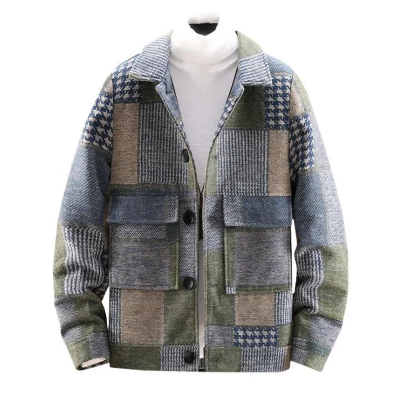 2021 Autumn and Winter Fashion New Men\'s Casual Lapel Hoodless Jacket / Male Slim Plaid Woolen Coat