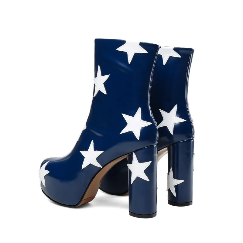 Fashion High Platform Five-Pointed Star Patchwork Ankle Boots Rough High Heel Boots Woman Round toe Runway Boots