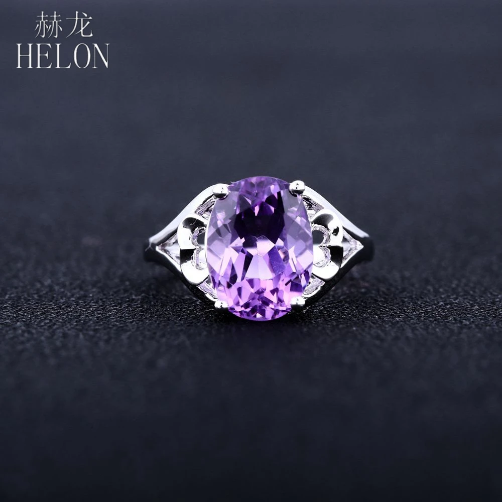 

HELON Solid 14k White Gold AU585 Flawless Oval 9X12mm Natural Amethyst Wedding Ring For Women Elegant Fashion Jewelry Party Ring