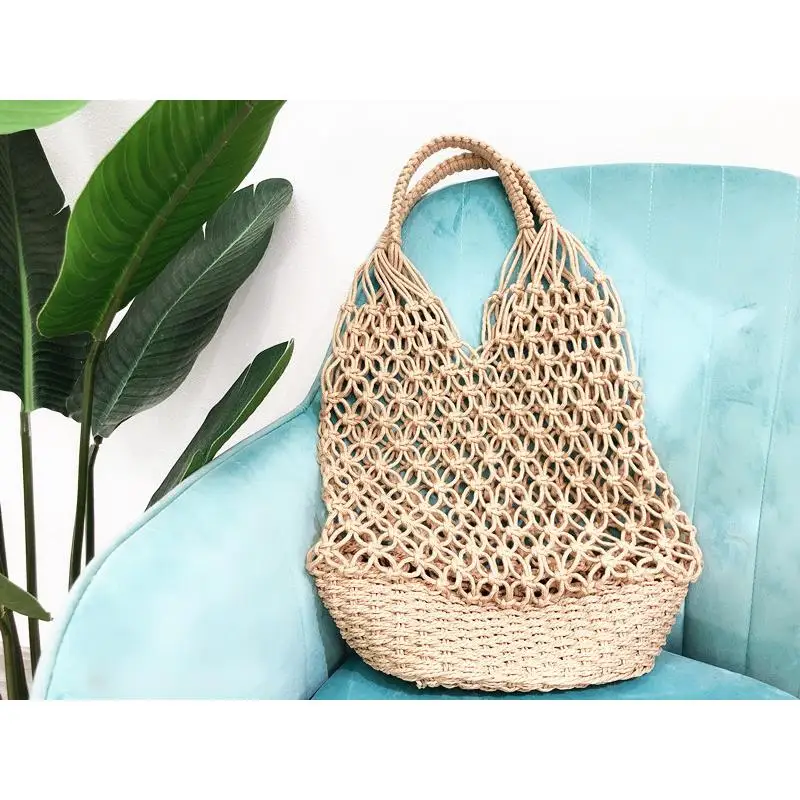 2020 New Cotton Paper Woven Bag  Summer Beach Bag Net Mesh shaped a6203