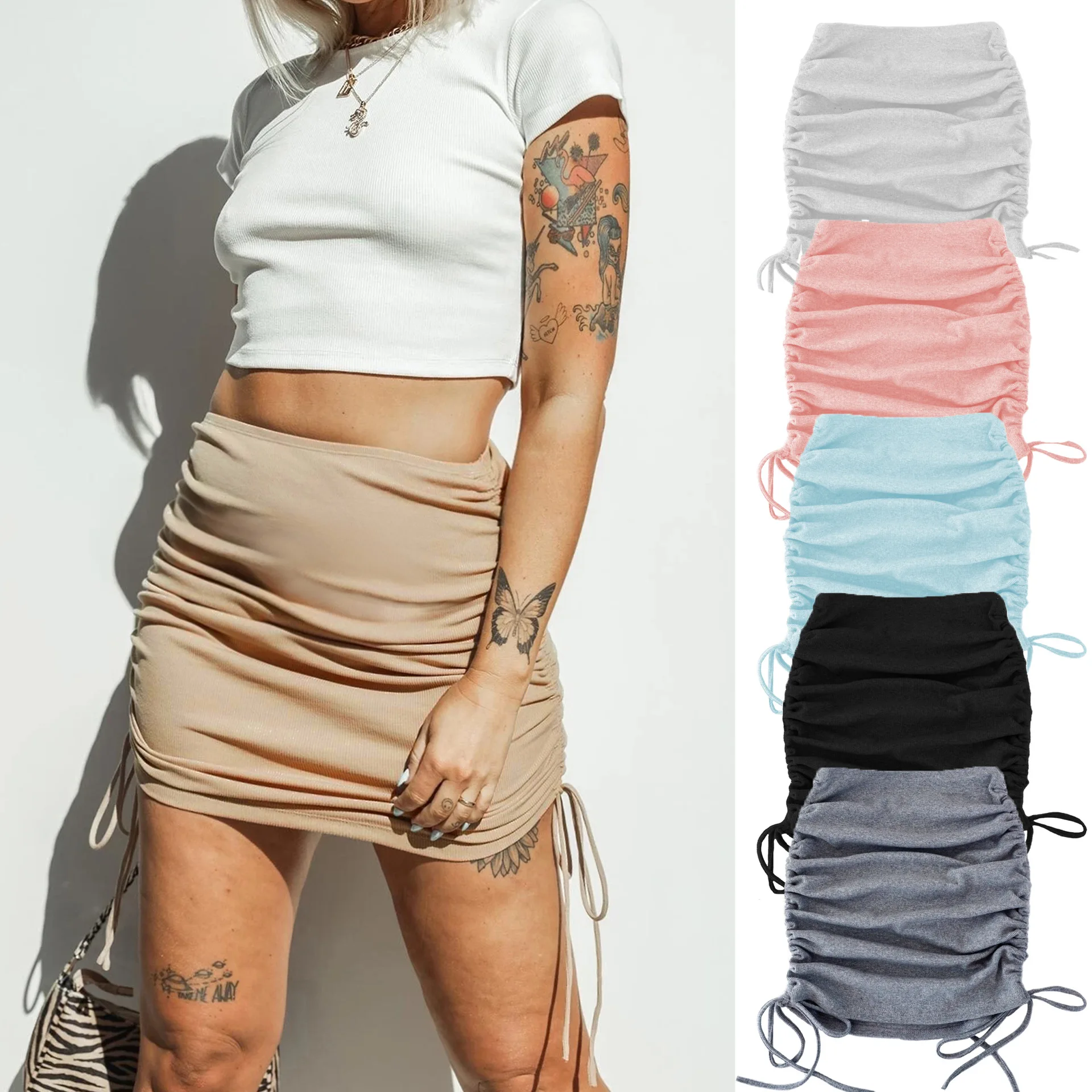 woman skirts harajuku 2021 spring autumn ladies knitting thread side draw string elastic sexy skirts womens