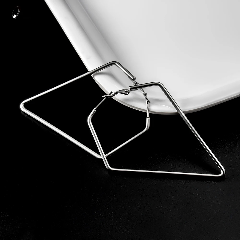 1 Pair Cute Rhombus Big Hoop Earrings for Women Silver Color Stainless Steel Simple LozengeTrendy Romantic Jewelry Nice Gifts