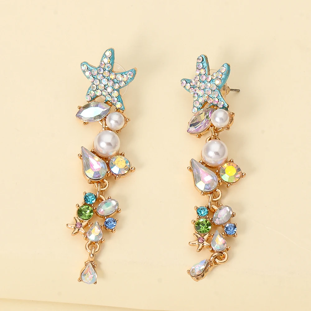 Fashion Bling Crystal Bead Pearl Flower Long Earrings Metal Gold Plated Chain Earrings Women Summer Beach Vacation Jewelry 2024