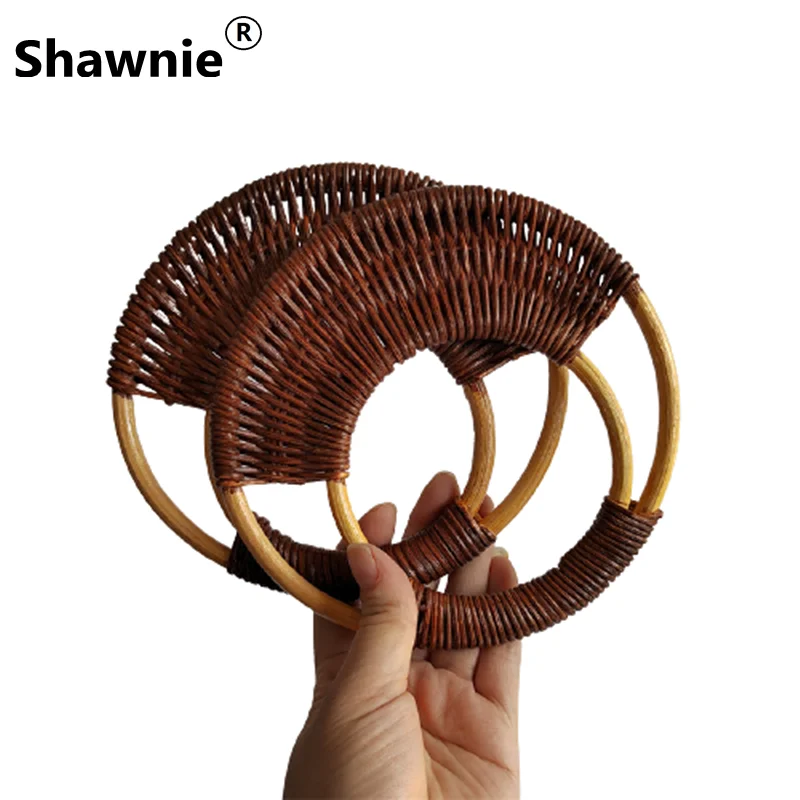 

One Pair=2 Pieces Round Shape 14Cm Dark Brown Color Handmade Rattan Material Bamboo Purse Hanger Frame Parts Rattan Bag Handles