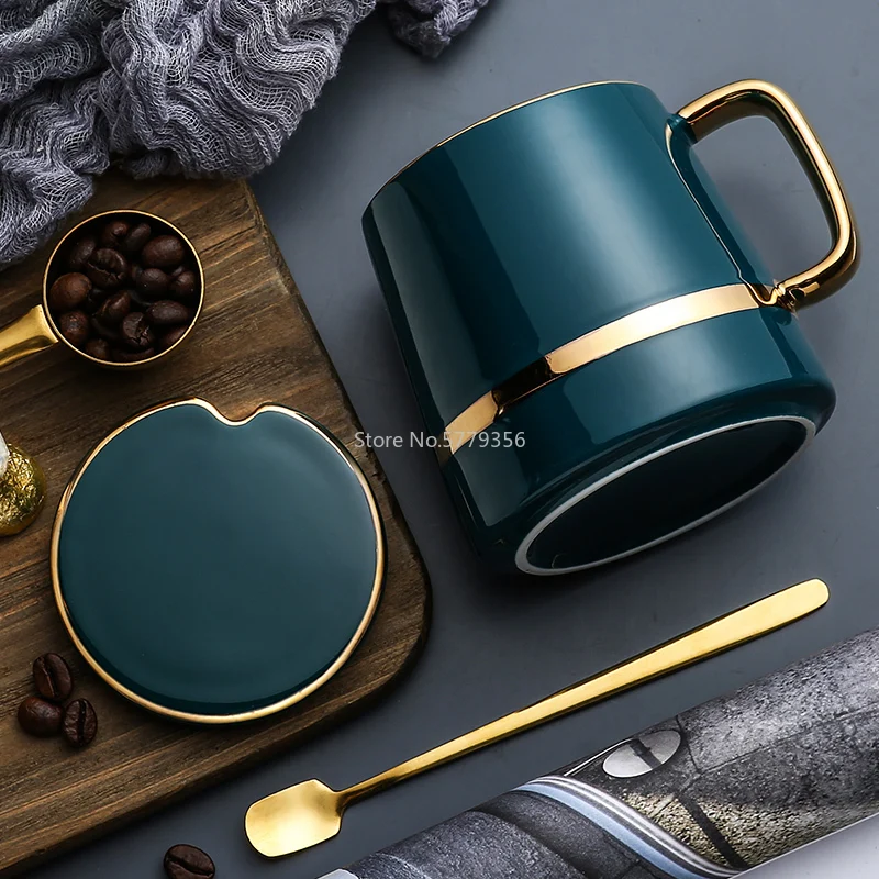 Nordic Luxury Ceramic Coffee Cup with Spoon Solid Green Minimalist Afternoon Tea Cups High Quality Cup and Saucer Set