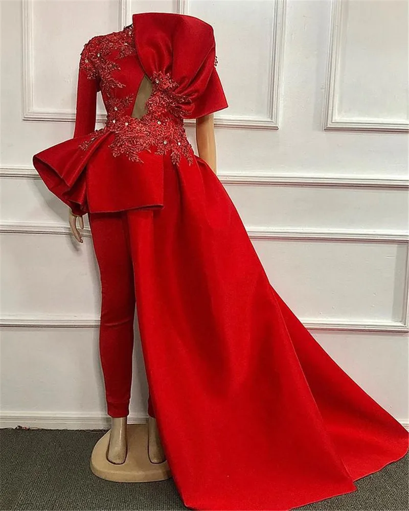 Customized   Plus Size Evening Jumpsuit with Train Lace Stain Velvet Long Sleeve Ruffles Peplum Arabic Prom dress with pant suit