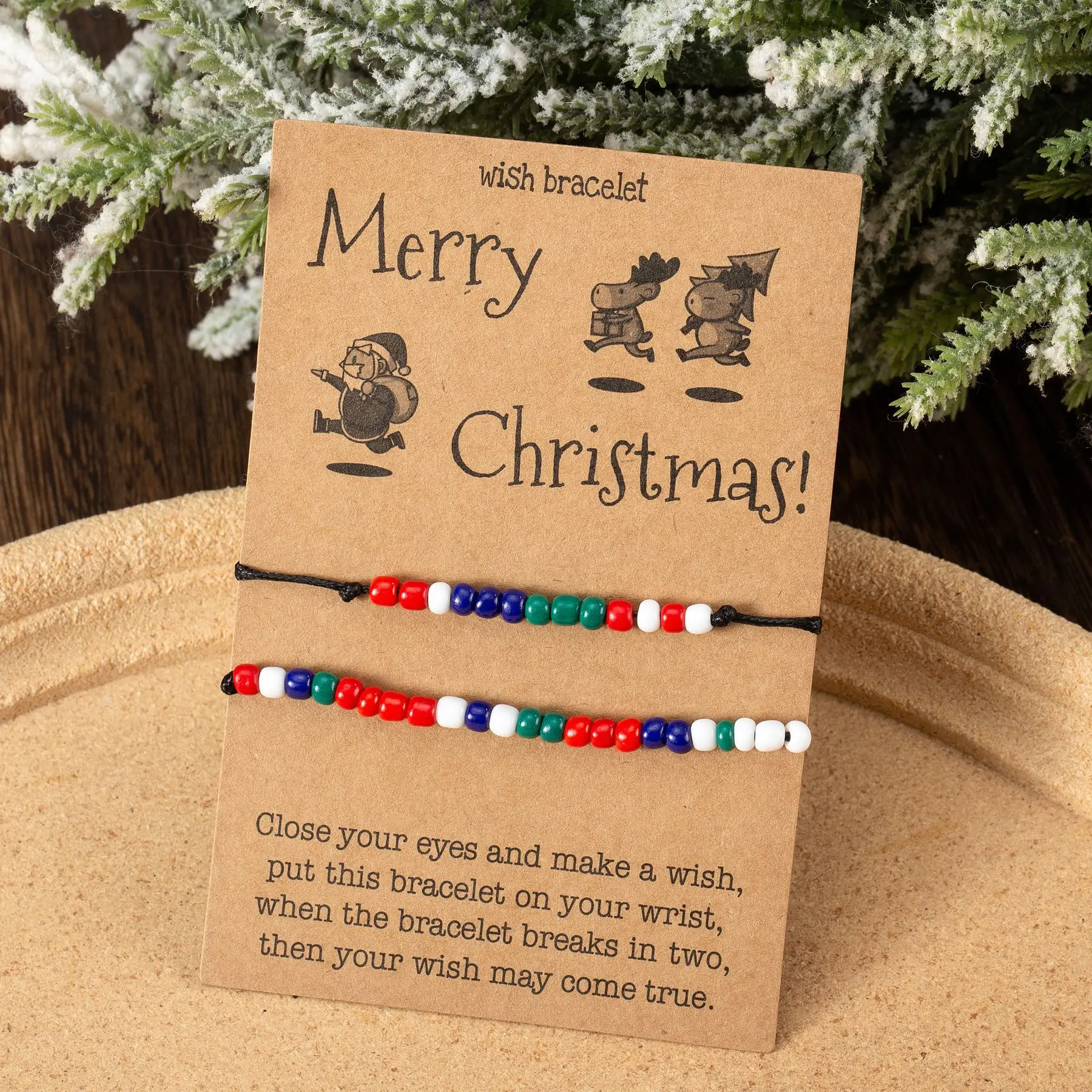 New 2pcs /set Morse Code Bracelet Merry Christmas Glass Beads Adjustable Braided Cardboard Creative Charm Jewelry