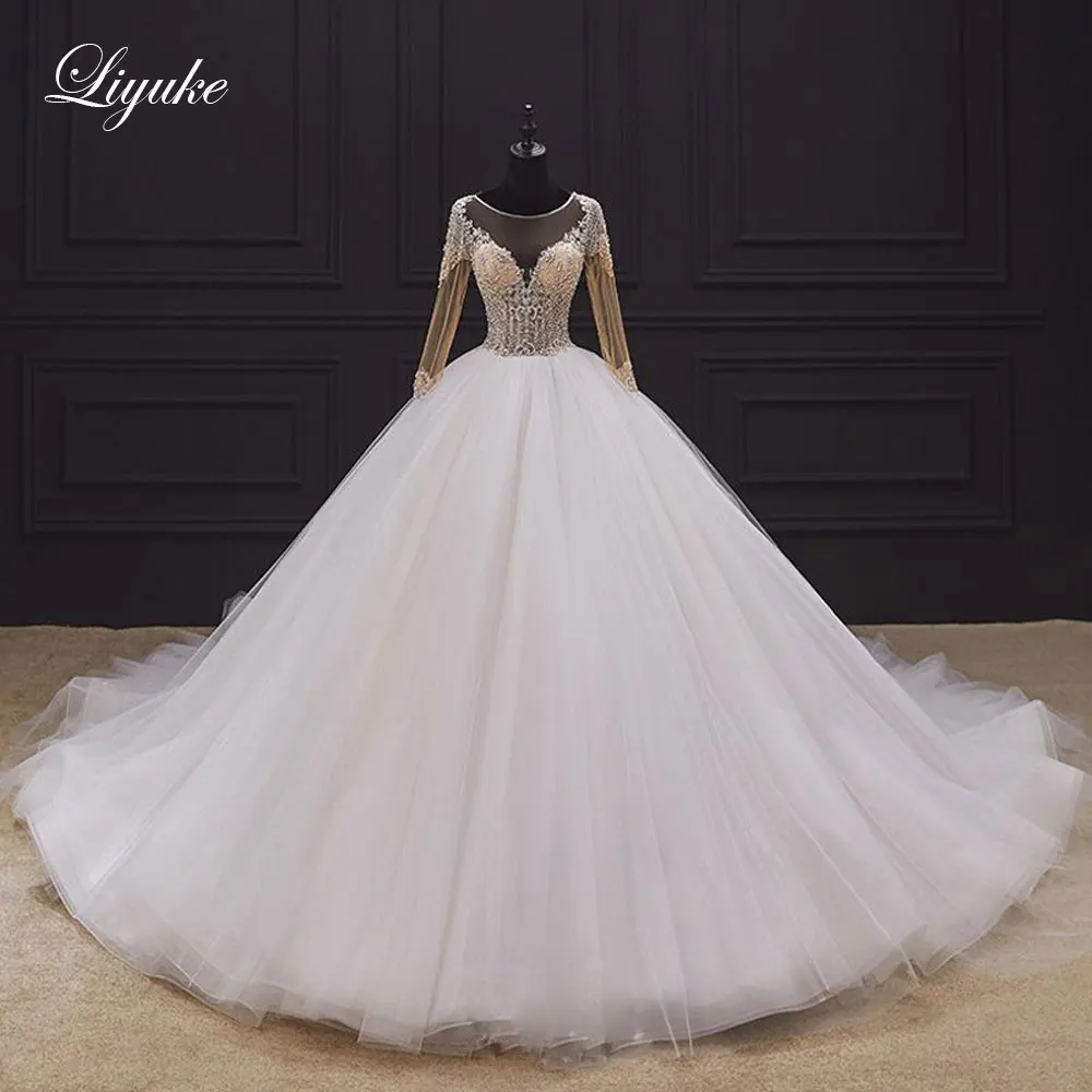 

Liyuke Gorgeous Scoop Neckline Ball Gown Wedding Dress With Delicate Rhinestones Skin Nude Tulle vestido de noiva Full Sleeve