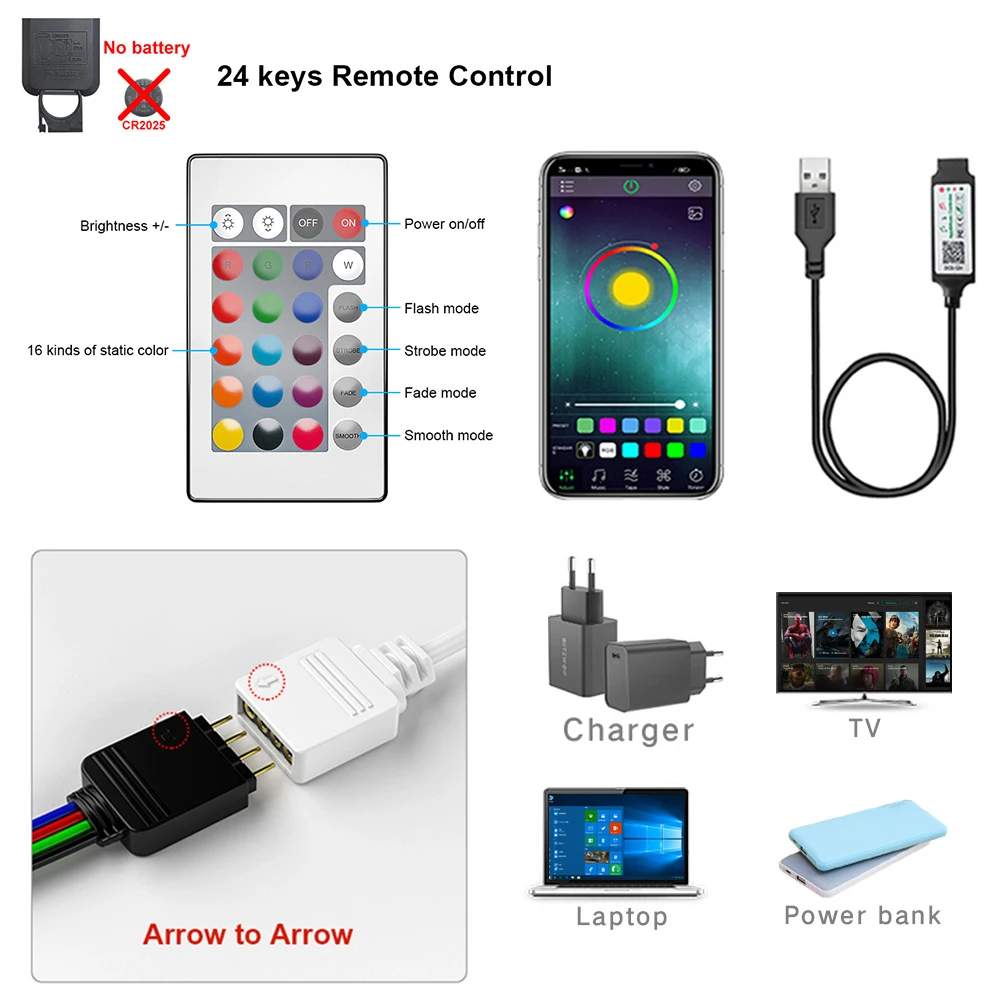 Cinta de luz LED con Bluetooth y USB, cinta Flexible de luces RGB, 5050 SMD, 5V, diodo autoadhesivo para TV y Escritorio