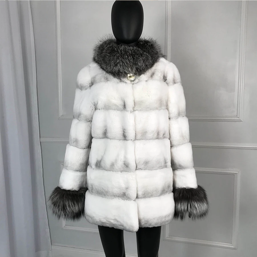 Winter Women Natural sliver fox Fur Coat Thick Warm middle long Real Rex Rabbit Fur Coat Warm Fur Jacket with sliver fox fur