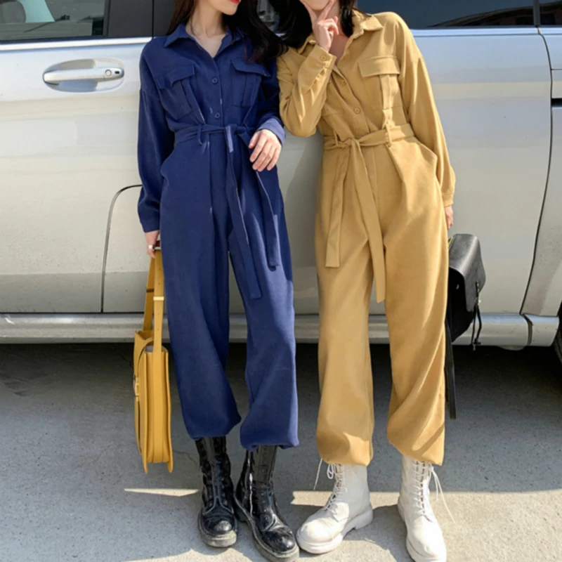 2021 New Women Spring Casual Wide Leg Long Jumpsuits Full Sleeve Single Breasted Loose Rompers with Sashes