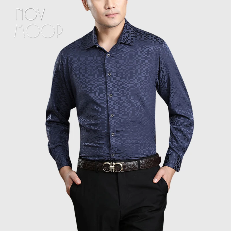 Novmoop pure silk spandex men's jacquard satin shirt business formal wear plaided pattern elegant luxurious style LT3548