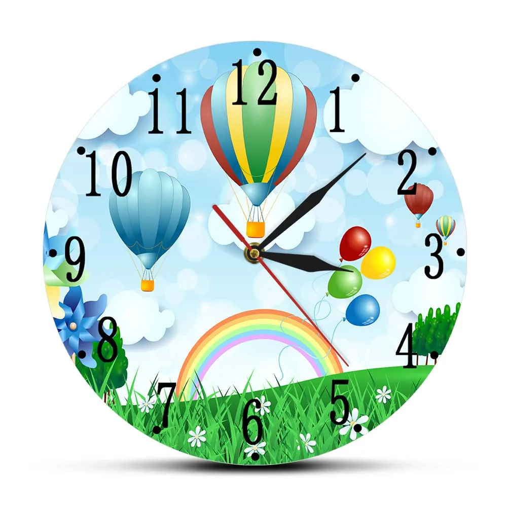 Hot Air Balloons Cartoon Design Wall Clock For Kids Room Silent Non Ticking Print Wall Watch Spring Landscape Nursery Art Decor