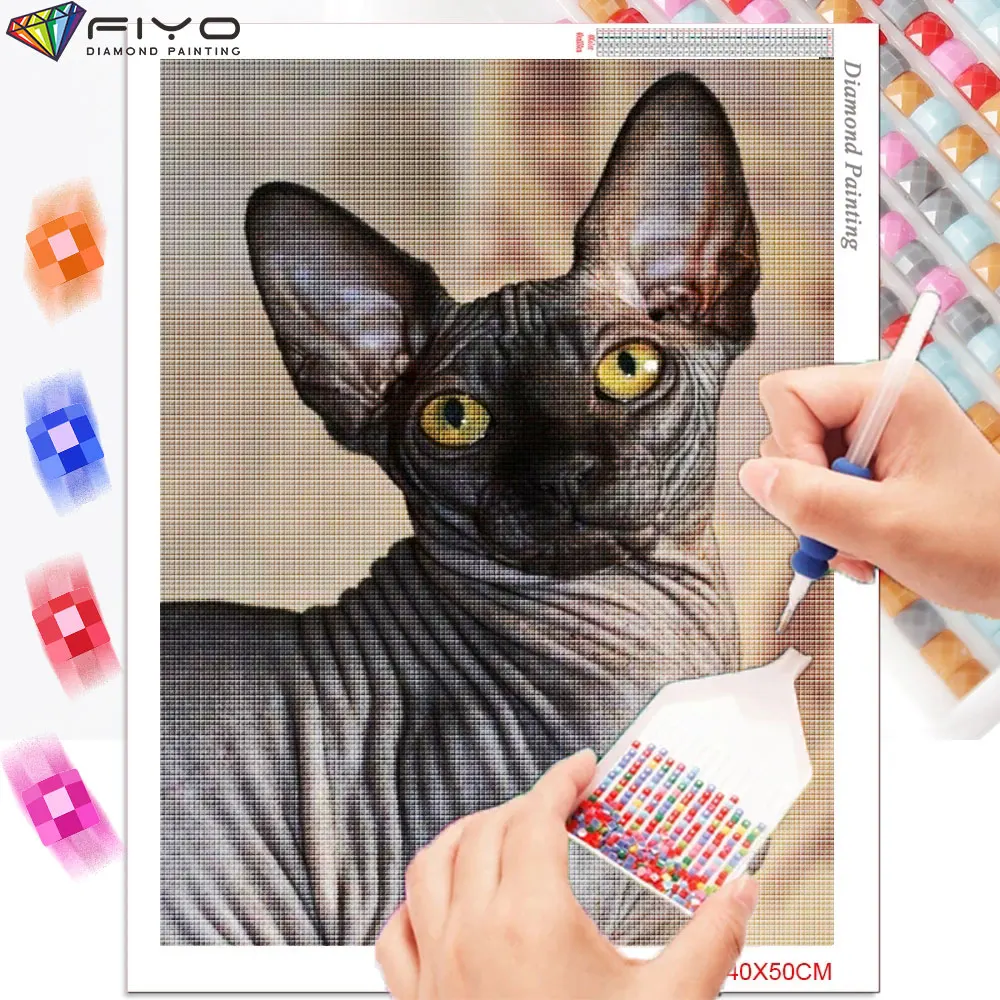 FIYO 5D Diamond Beads Embroidery Complete Kit Sphinx Cat DIY Diamond Painting Rhinestones Full Square Mosaic Animal Home Decor