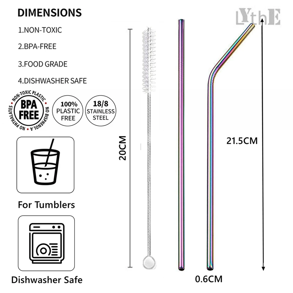 10Pcs Reusable Drinking Straw Metal Straws 304 Stainless Steel Straws Set with Brush Bar Cocktail Straw for Glasses Drinkware