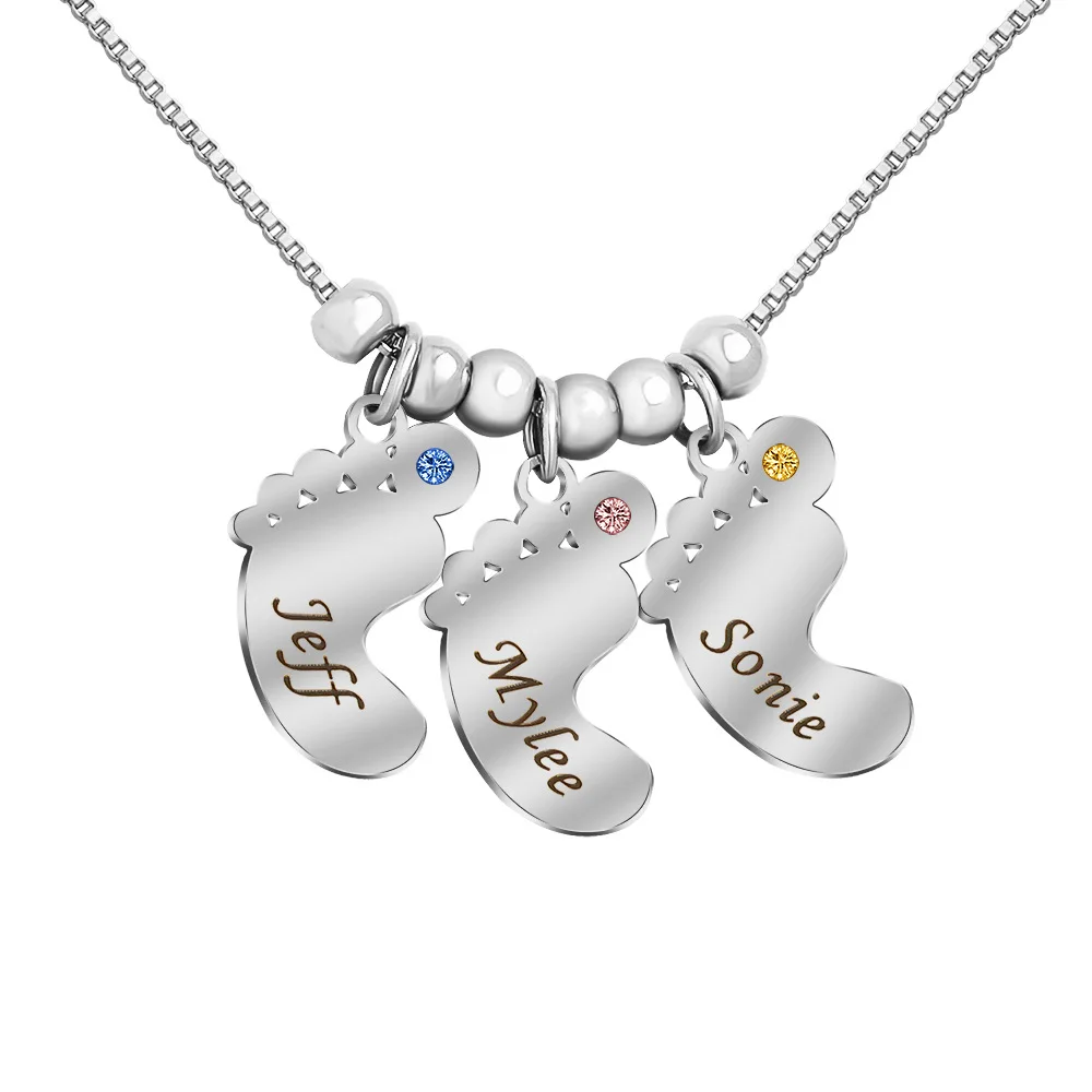 

Personalized Customized Engraved Name Baby Feets Pendant Necklace Stainless Steel Charm 12 Birthstones Footprints Gift for Women