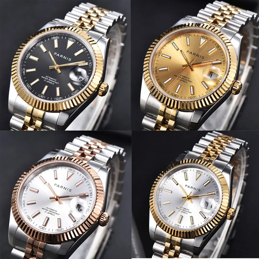 PARNIS Brand 40mm Automatic Men Watch Sapphire Glass Gold/Rose Gold Plated Watch Band MINGZHU Movement