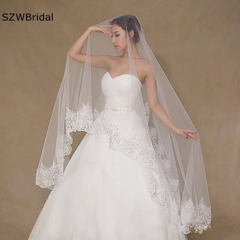 New Arrival Welon Ivory Bridal headwear Sequine Lace Edge 3 Meter Wedding Veils Bride Welon casamento Voile femme musulman