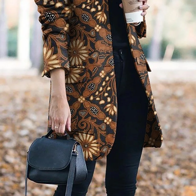 Giacca da donna oversize con stampa floreale a maniche lunghe con risvolto giacca adatta moda primavera autunno Office Lady Suit Vintage Pop Year Coat