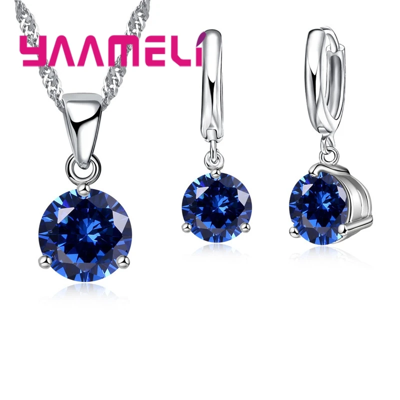 Candy 8 Colors 925 Sterling Silver Wedding Elegant Jewelry Sets Crystal Pendant Collar Necklace Earrings