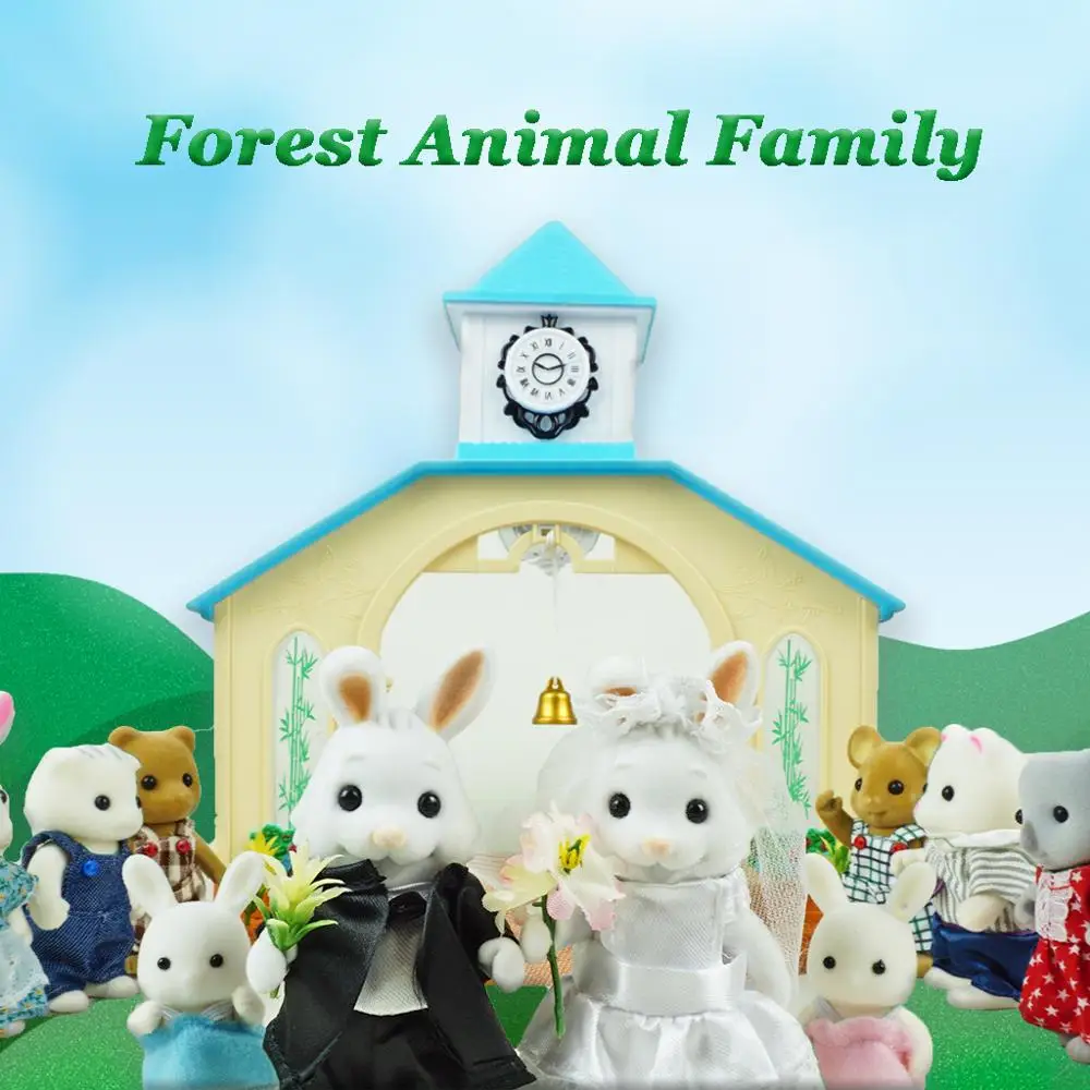 1:12 floresta animal família capela casamento figura de ação recém-casado coelho casal casa de bonecas em miniatura brinquedo meninas presente