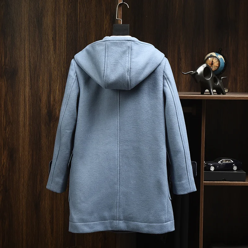 Quality High Mens Casual Loose Long Horn Button Design Hooded Fashion Wool Coat V-Neck Pockets Winter Vintage Warm Jackets