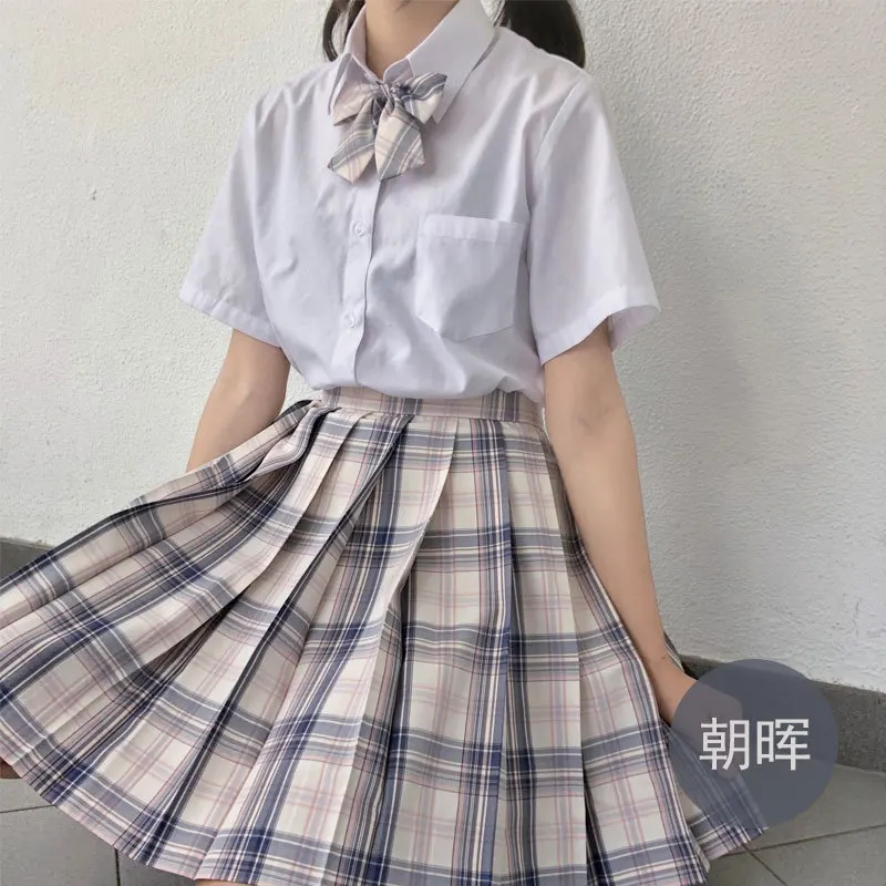 Women New JK Sets Women 2021 Summer High Waist Pleated Skirts And Shirt+Tie Korean Style For Girls Cute Sweet Plaid Mini Skirt