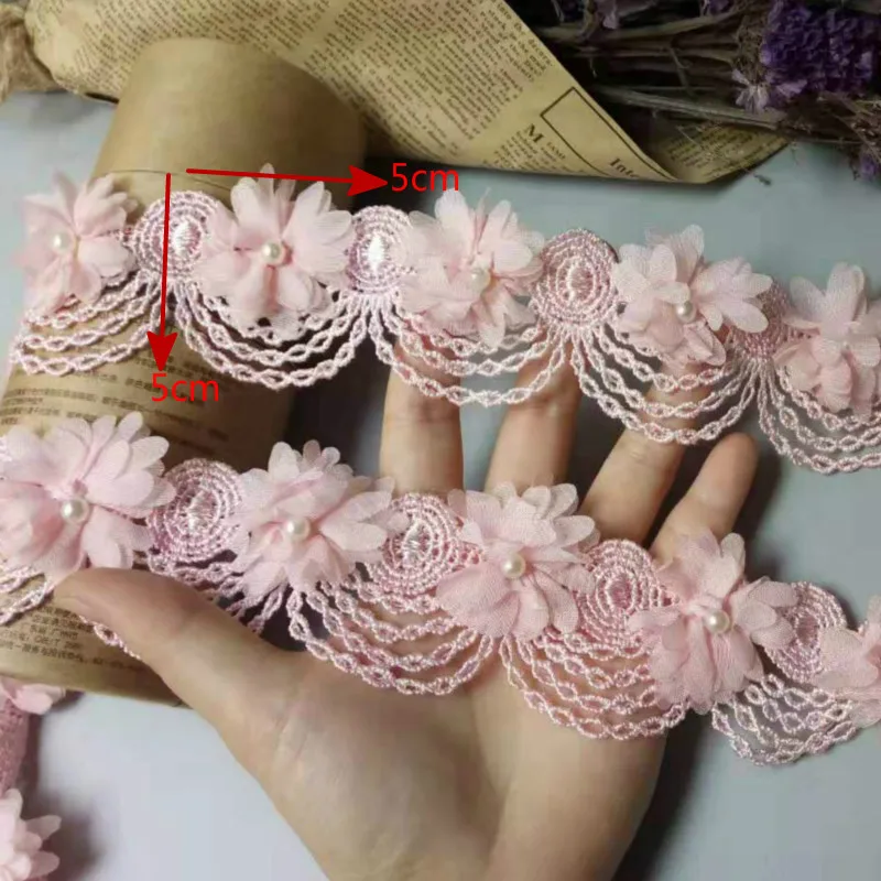 1 Yard Soluble Pink Pearl Chiffon Flower Embroidered Fabric Lace Trim Ribbon DIY Sewing Supplies Craft For Costume Decoration