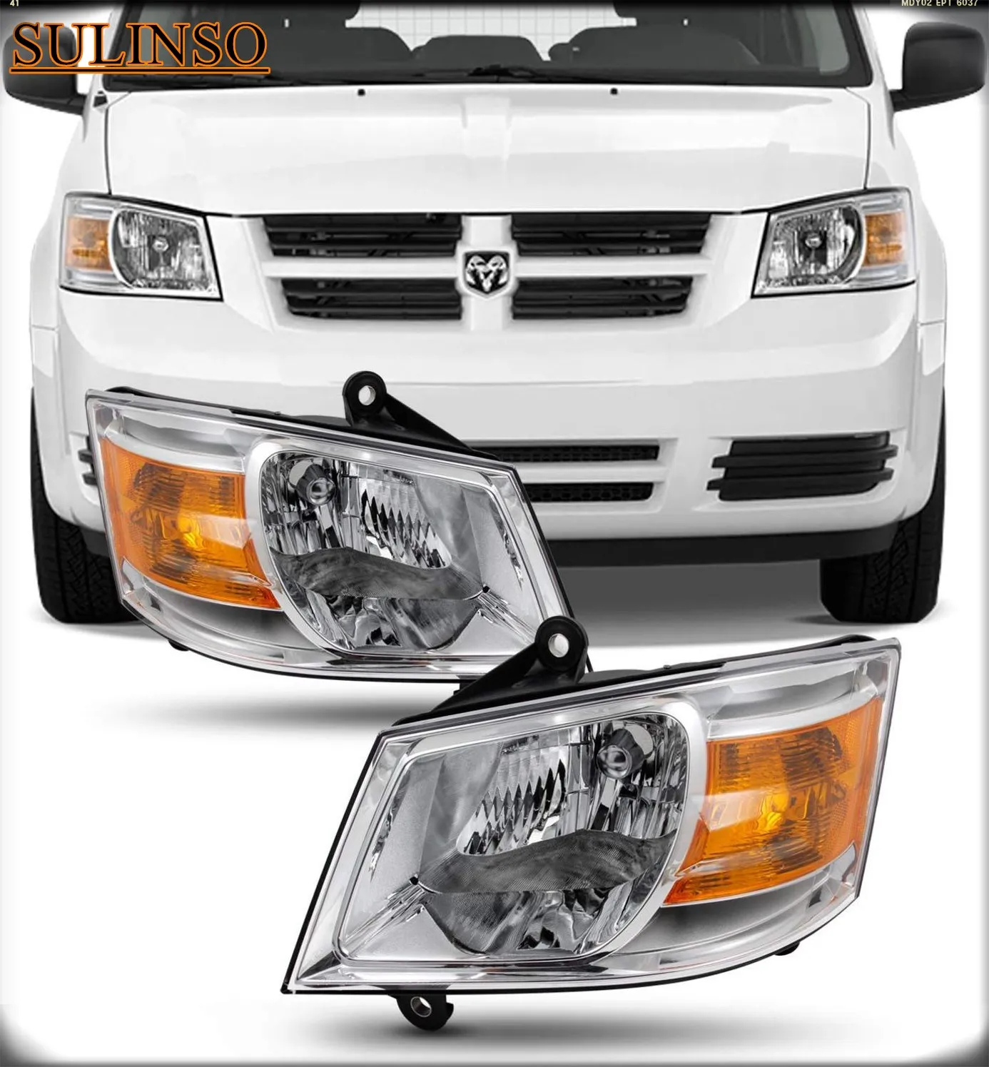 Headlight Assembly Compatible For 2008-2010 Dodge Grand Caravan Chrome Housing Amber Reflector Clear Lens (CTLAHL-1043-VC02)