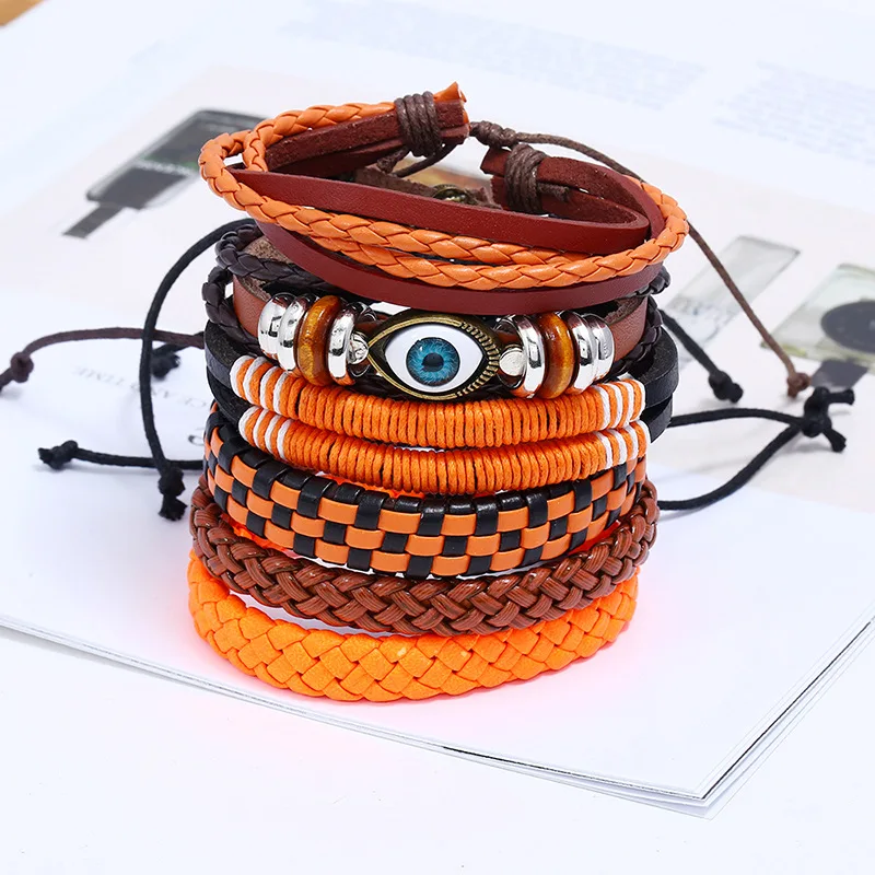 Classic Dropshipping Devil\'s Eye Orange Leather Strap Vintage Bracelet for Men Women Gift DIY Handmade Briaded Punk Bracelet Set