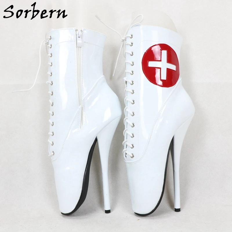 Sorbern Red Cross Nurse Ballet Boots Role Play Ankle High Booties Stilettos 18Cm Lace Up Unisex Plus Size Shoe Short Booties