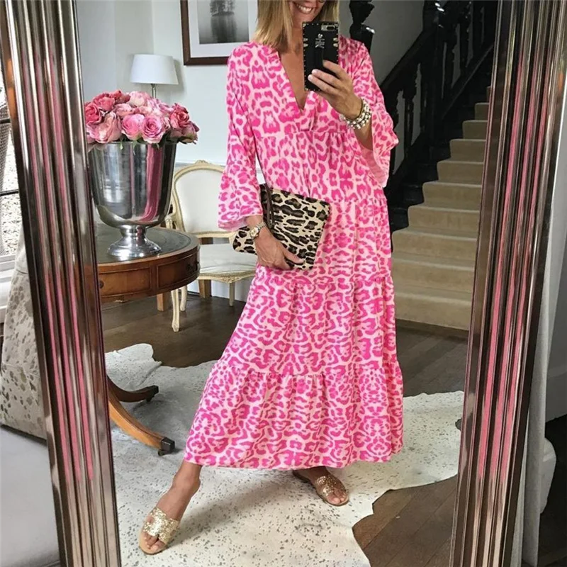 

Summer Leopard Printing Women Boho Beach Maxi Dress Bell Sleeve Flowy Swing Shift Dress Sexy V-Neck Loose Long Dress