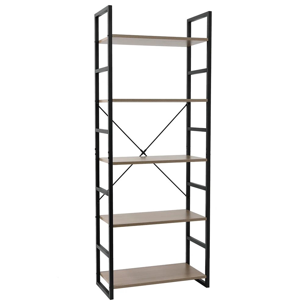 (59.94 x 29.97 x 157.99)cm 5 Tier Bookcase Shelf Storage Organizer Wood and Metal Bookshelf Rack Gray US Warehouse