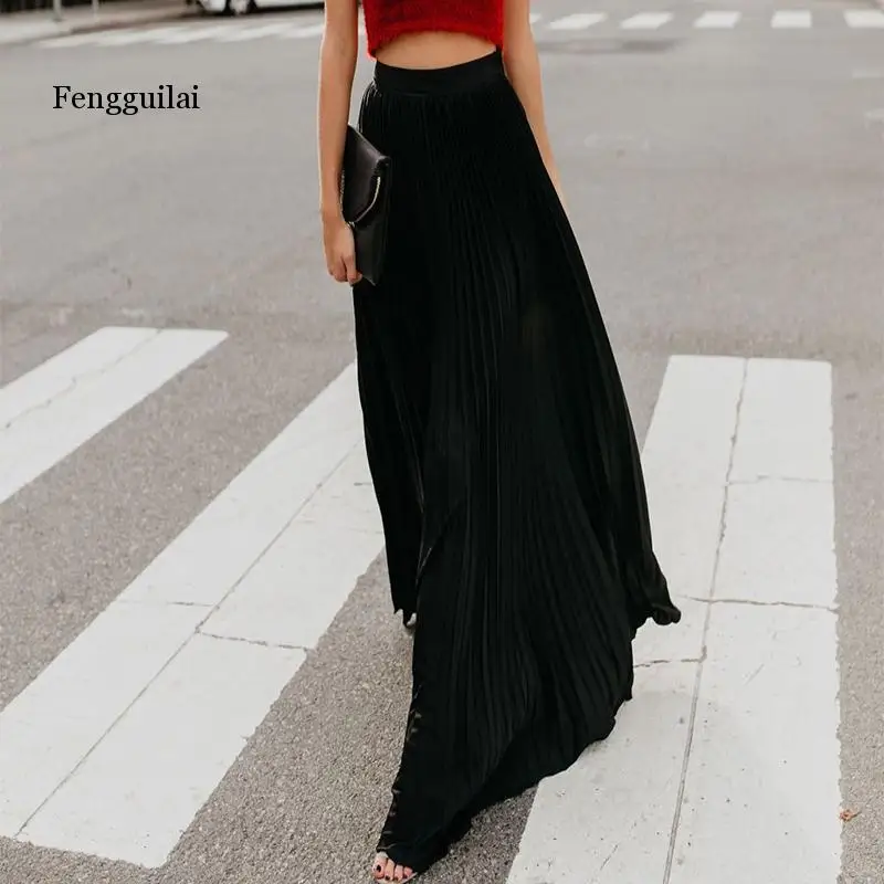 New Spring Summer High Waist Pleated Skirt Women Chiffon Skirt Long Skirt Solid Big Size Young Ladies Party Saia Femme 3xl