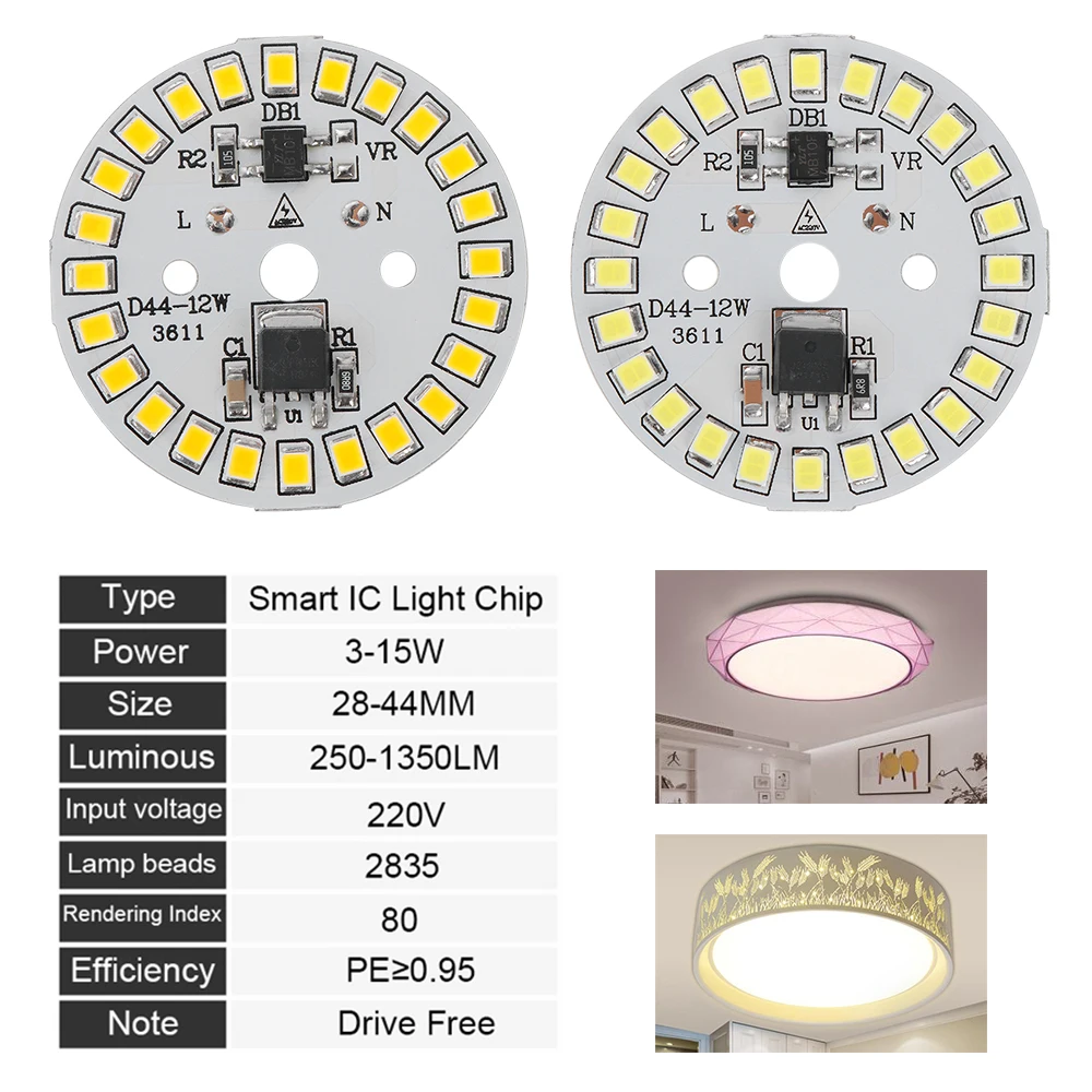 Bombilla LED SMD de 15W, 12W, 9W, 7W, 5W, 3W, Chip de luz, entrada de AC220V, IC inteligente, luz blanca, 5 unidades