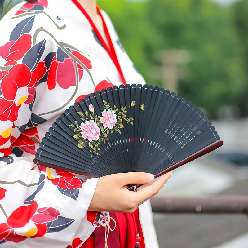 |DiaoHuaZhu camellia model with antique fans in folding fan classical Chinese women's mini portable folding mini