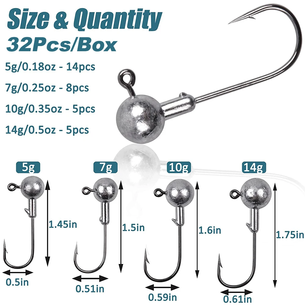 Crank Jig Head Hook Set, Lead Jig Head, Sharp farpado gancho, Soft Worm Bait, Bass Trout água doce água salgada iscas, 45pcs, 32pcs