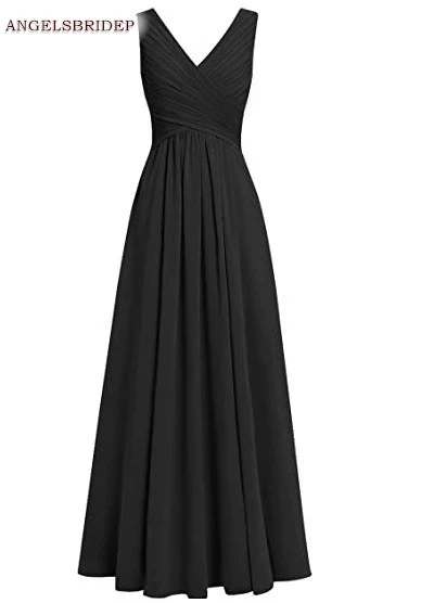 

Angelsbridep V-Neck Long Bridesmaid Dresses Chiffon Floor-Length Vestido Da Dama De Honra Formal Party Gowns Zipper Back Pleat