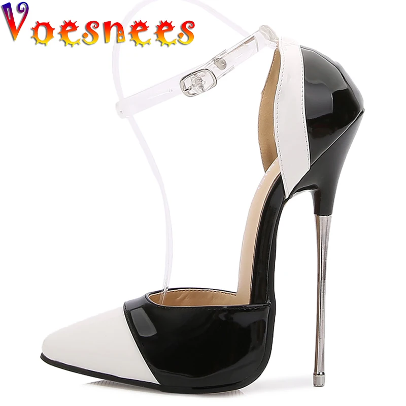 Voesnees Women Shoes 2021 Metal Heel Mixed Colors Pointed Toe High Heels 16cm Hollow Plus Size stripper heels Female Sandals