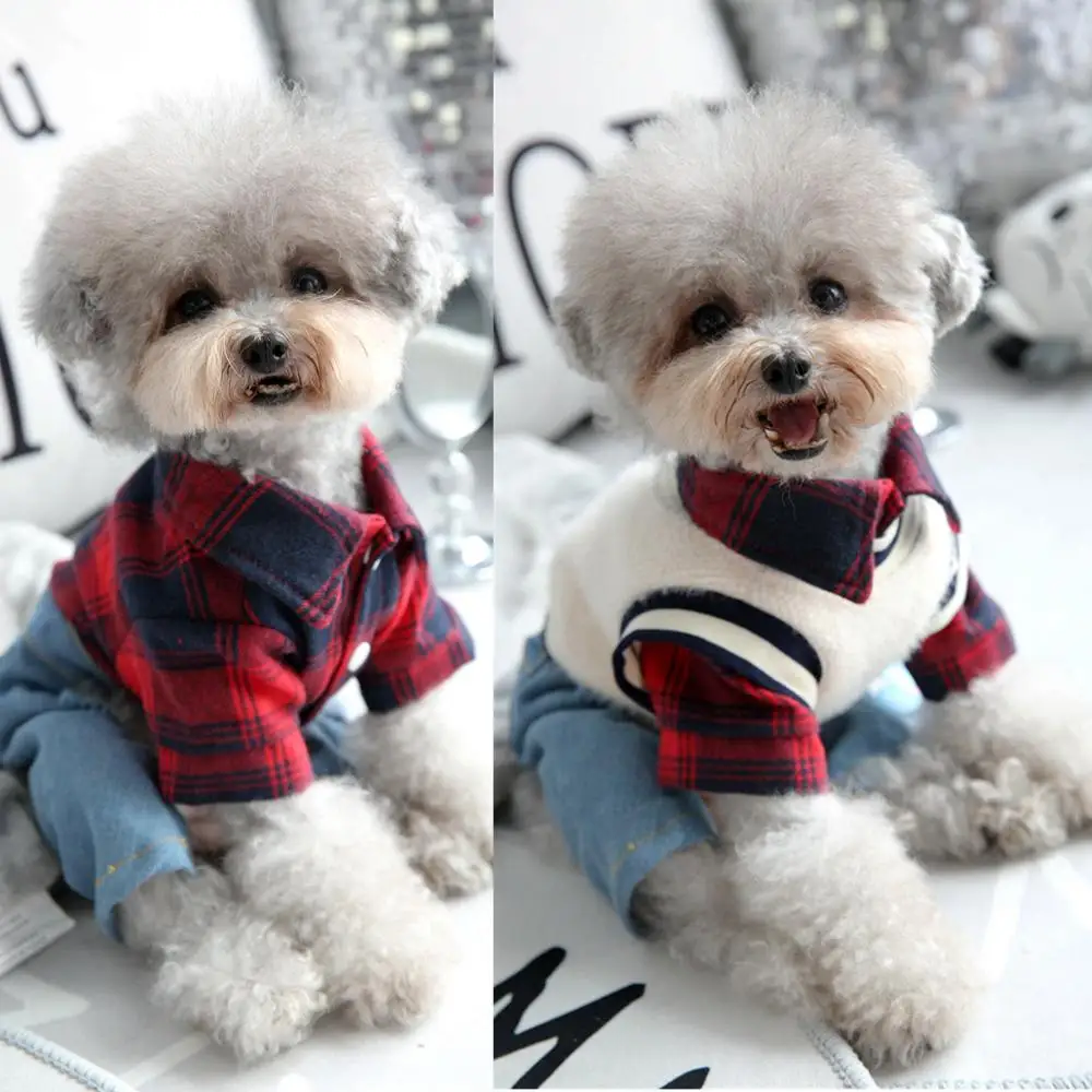 Plaid Shirt With Denim Pants Vest Overall For Dog Autumn Winter Pet Fashion Clothes Set For Small Medium Animal Chihuahua Yorkie