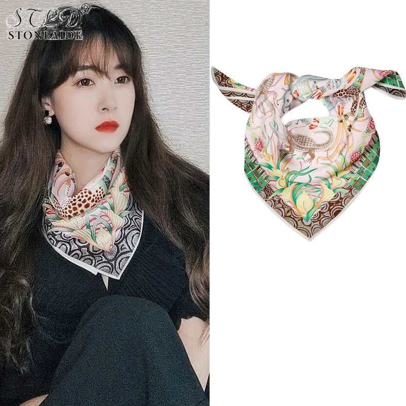 Choice Korean Spring Summer Women Silk Neckerchiefs Luxury Brand Printed Imitation Silk Square Professional Neck Scarf 53x53cm