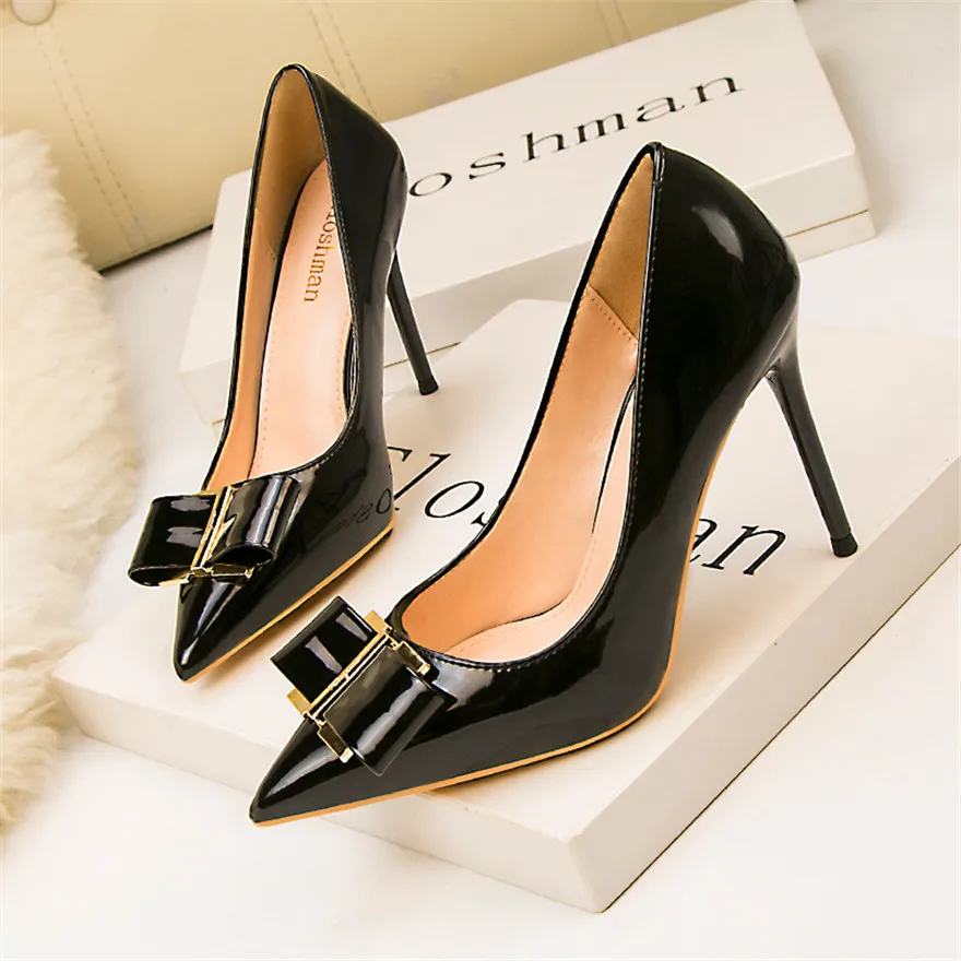 2024 Korean Metal Bowknot Pointed Toe Women Pumps Fashion Patent Leather High Heels Shoes Black Red Shallow Wedding Shoes Party