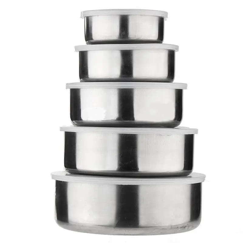 

5 Pcs Mixing Stainless Steel Food Storage Bowls Reusable Fresh-keeping Boxes with 5 Lids Set Cover Kitchen Cookware hot sale