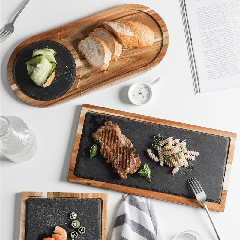 

Solid wood snack plate, wooden tray, black slate plate, Acacia wrapped plate, Western food, Japanese dishes