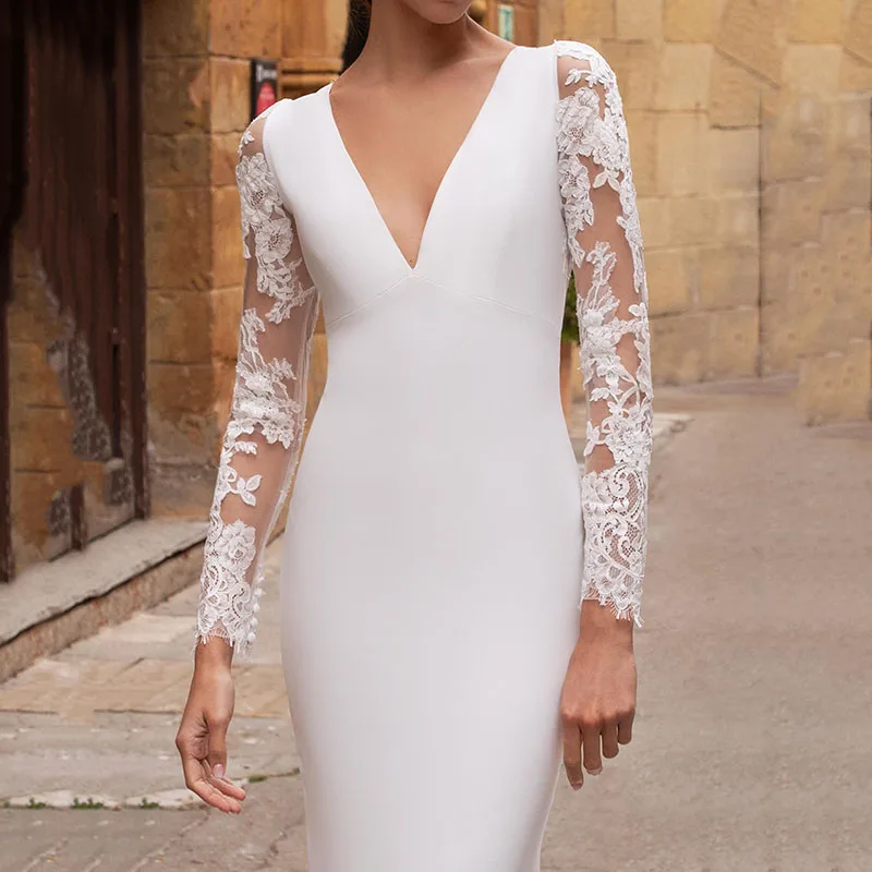 Vestido de Mariage Maniche Lunghe Abiti Da Sposa 2021 Mermaid Scollo A V In Pizzo Appliques Abiti Da Sposa Backless Abito Da Sposa Da Turchia