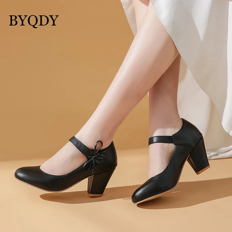 BYQDY Women Pumps 7cm High Thick Block Heels Round Toe Mary Janes Footwear Wedding Dress Office Lady Ankle Strap Shoes with Bow