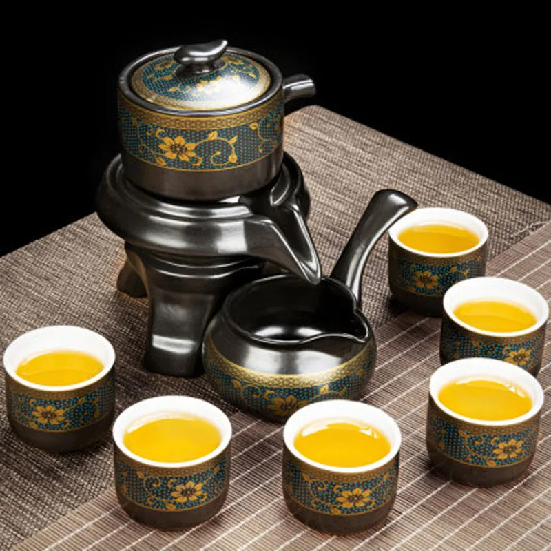 Chinese Ceramic Kungfu Tea Set,Semi-Automatic Stone Mill Teapot with Strainer,Wisteria Gilding, Tea Ceremony Supplies, Cup Was